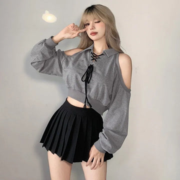 Getadme-Y2K Vintage Gray Cropped Hoodies Women Harajuku Sexy Off Shoulder Sweatshirts Korean Loose Casual Chic Tops Gothic Kpop